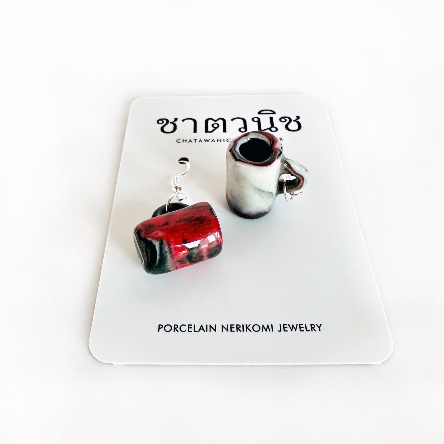 Porcelain Nerikomi Earrings - Black and Red Mugs